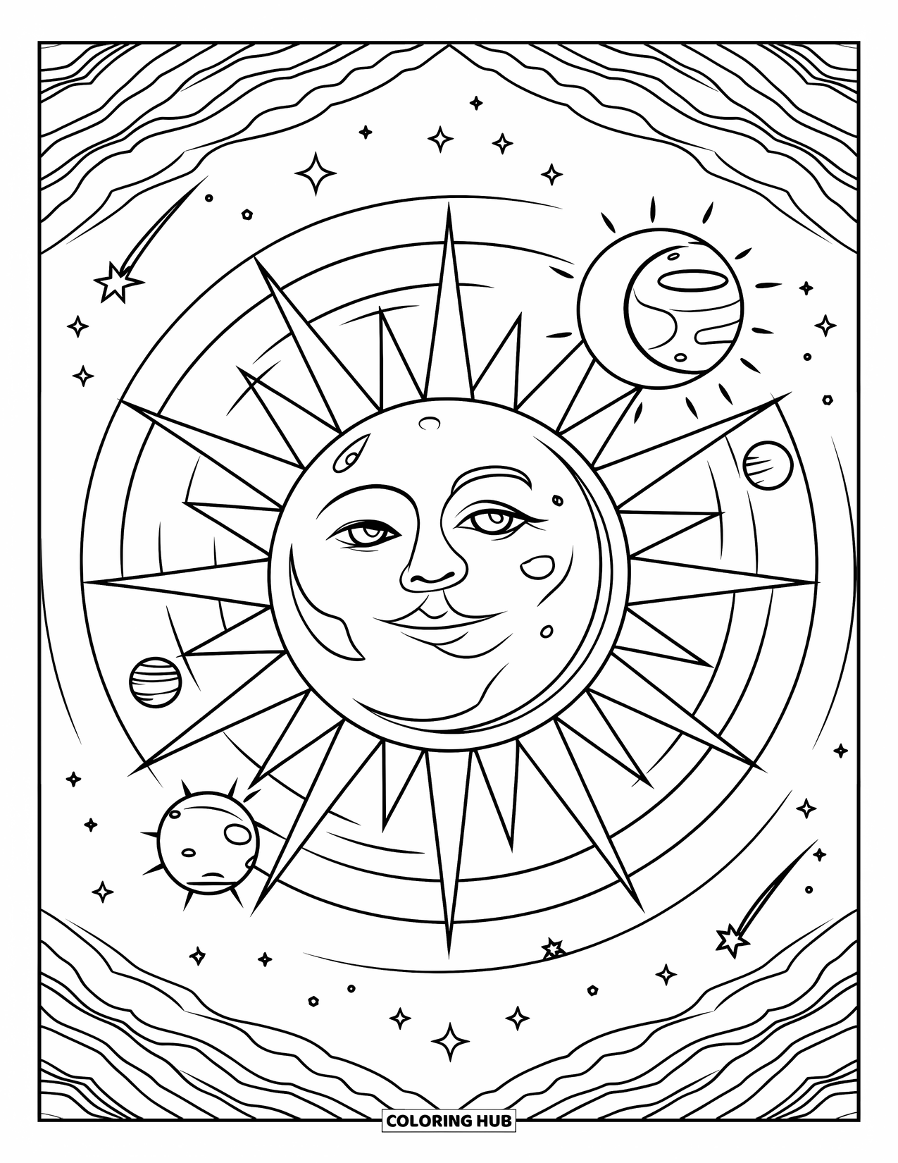 Mandala Coloring Page for Adults: Sun and moon with planets, craters, and a starry sky