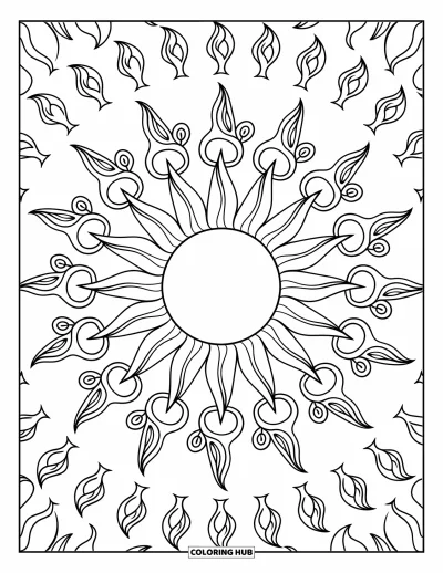 Dibujo de mandalas para colorear para adultos: Mandala de sol con motivos de llamas y enredaderas que irradian desde el centro