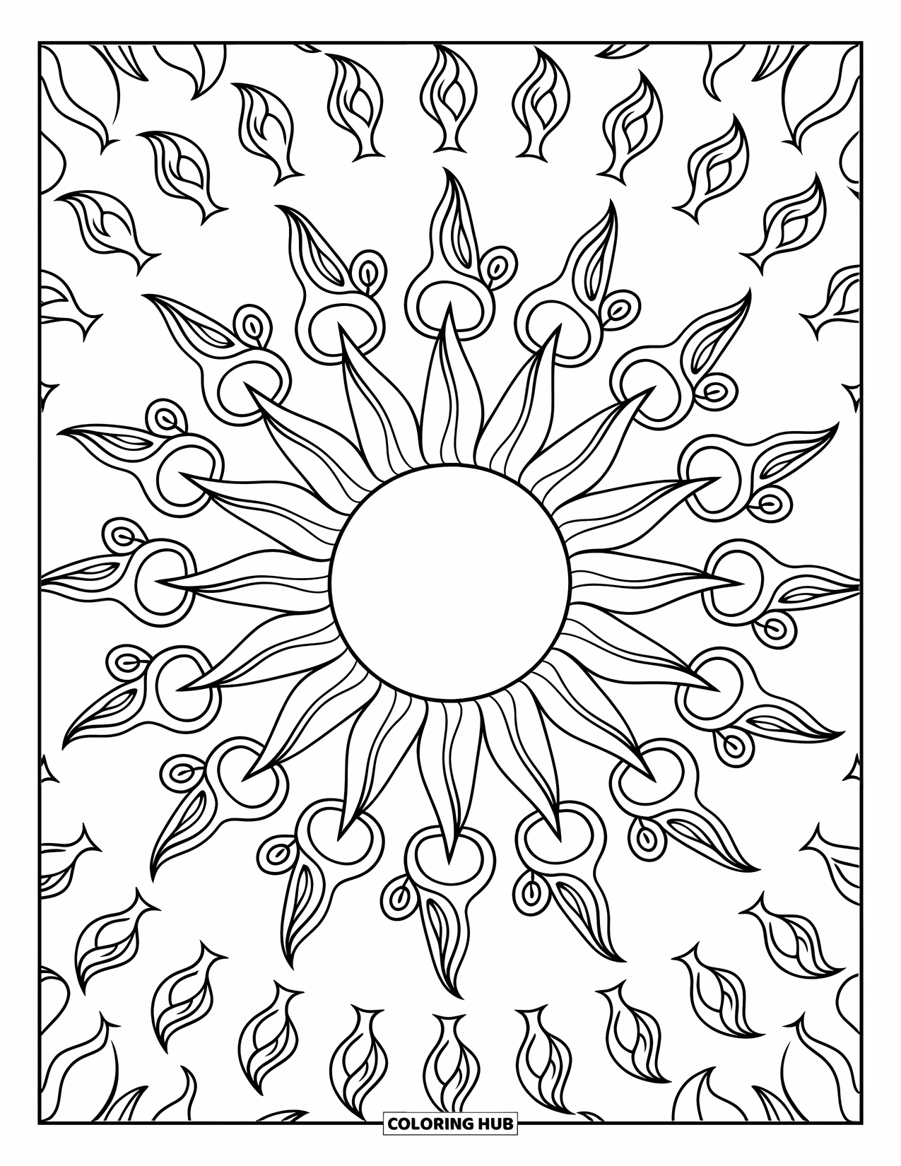 Mandala Coloring Page for Adults: Sun mandala with flame and vine motifs radiating from the center