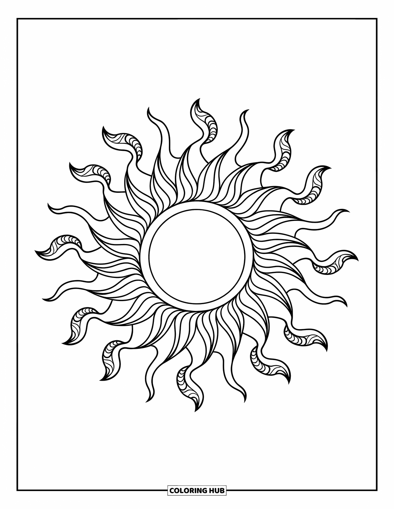 Mandala Coloring Page for Adults: Sunburst mandala with flame rays and curling vines