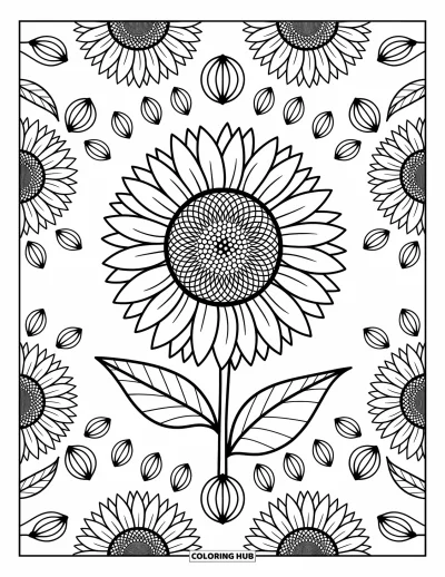 Dibujo de mandalas para colorear para adultos: Mandala de girasol con hojas puntiagudas, semillas y pétalos curvos y suaves