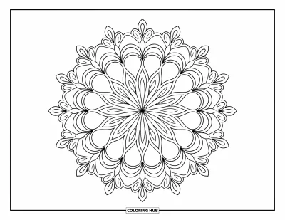 Dibujo de mandalas para colorear para adultos: Mandala simétrico lleno de arcos, pétalos y delicados bucles de encaje