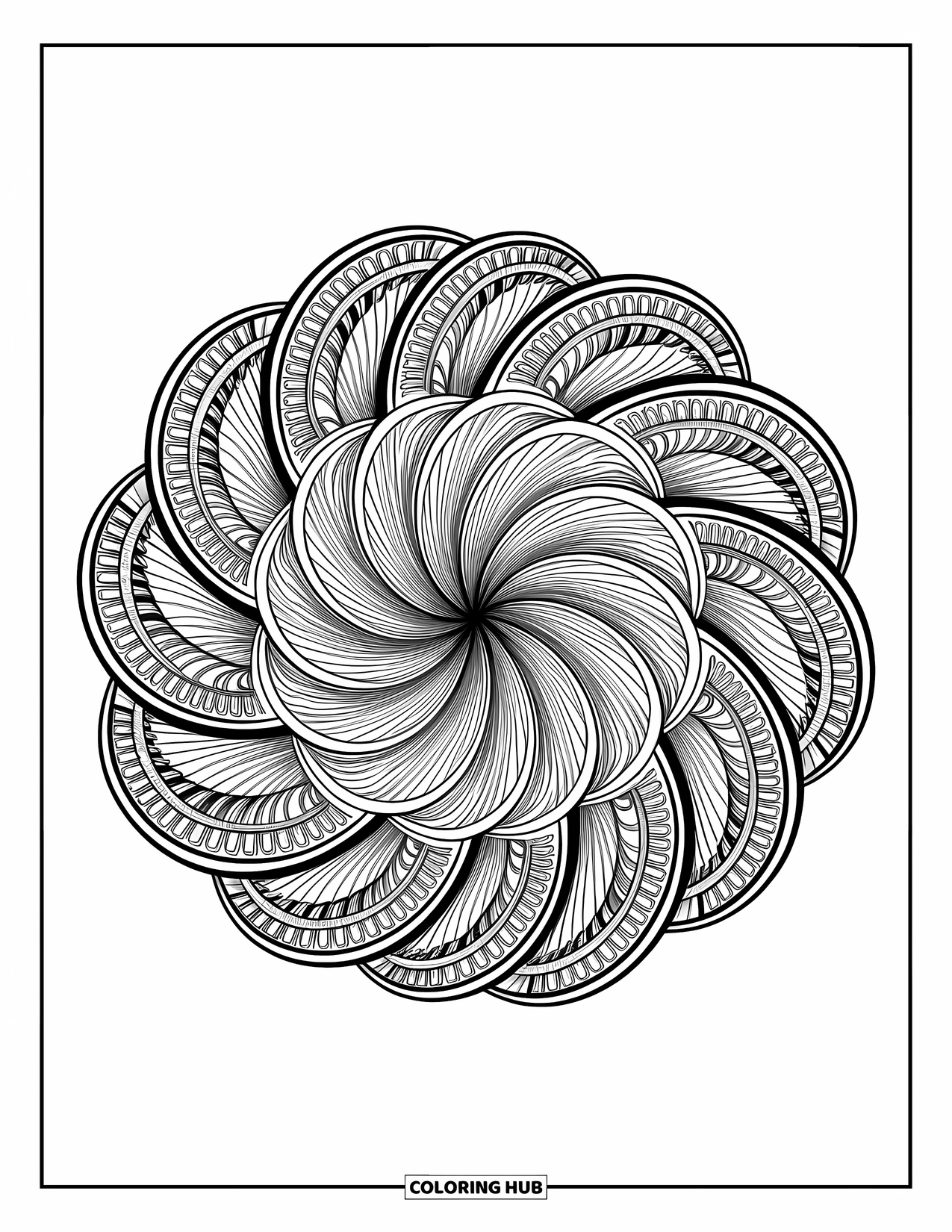 Mandala Coloring Page for Adults: Symmetrical mandala with layered bands and swirling line details