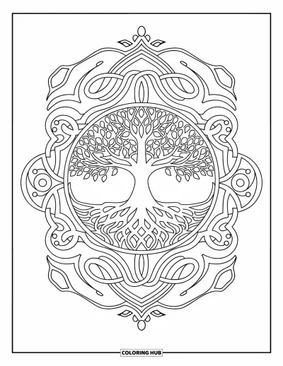Dibujo de mandalas para colorear para adultos: Árbol de la vida simétrico con ramas fluidas y elementos decorativos