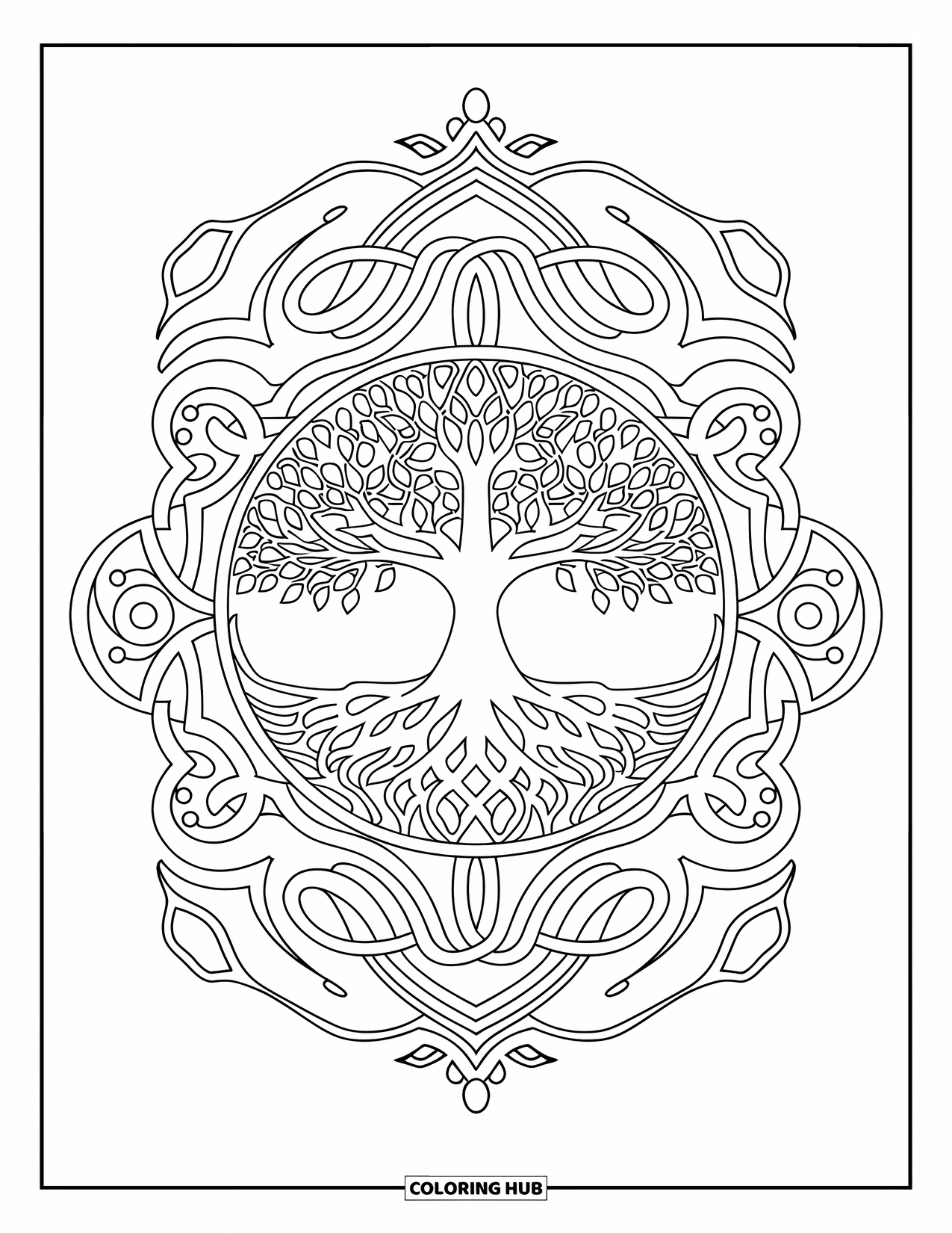 Mandala Coloring Page for Adults: Symmetrical tree of life with flowing branches and decorative elements
