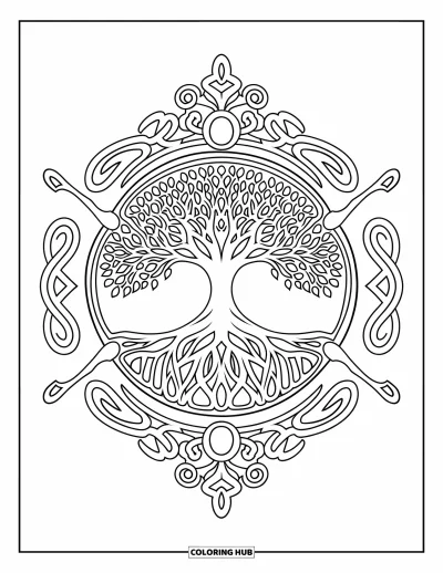 Dibujo de mandalas para colorear para adultos: Árbol de la vida rodeado de ramas en espiral y detalles artísticos