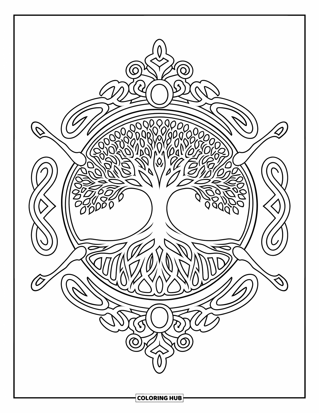 Mandala Coloring Page for Adults: Tree of life surrounded by swirling branches and artistic details