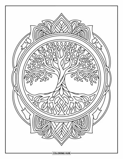 Dibujo de mandalas para colorear para adultos: Árbol de la vida con ramas y raíces formando un hermoso diseño circular