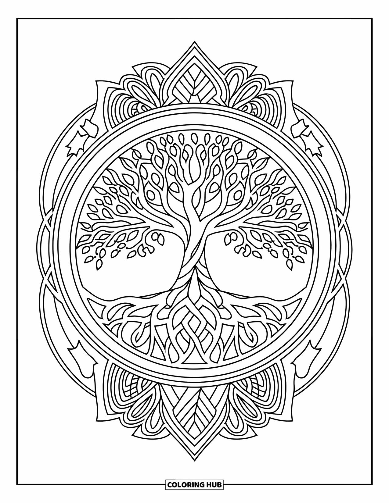 Mandala Coloring Page for Adults: Tree of life with branches and roots forming a beautiful circular design