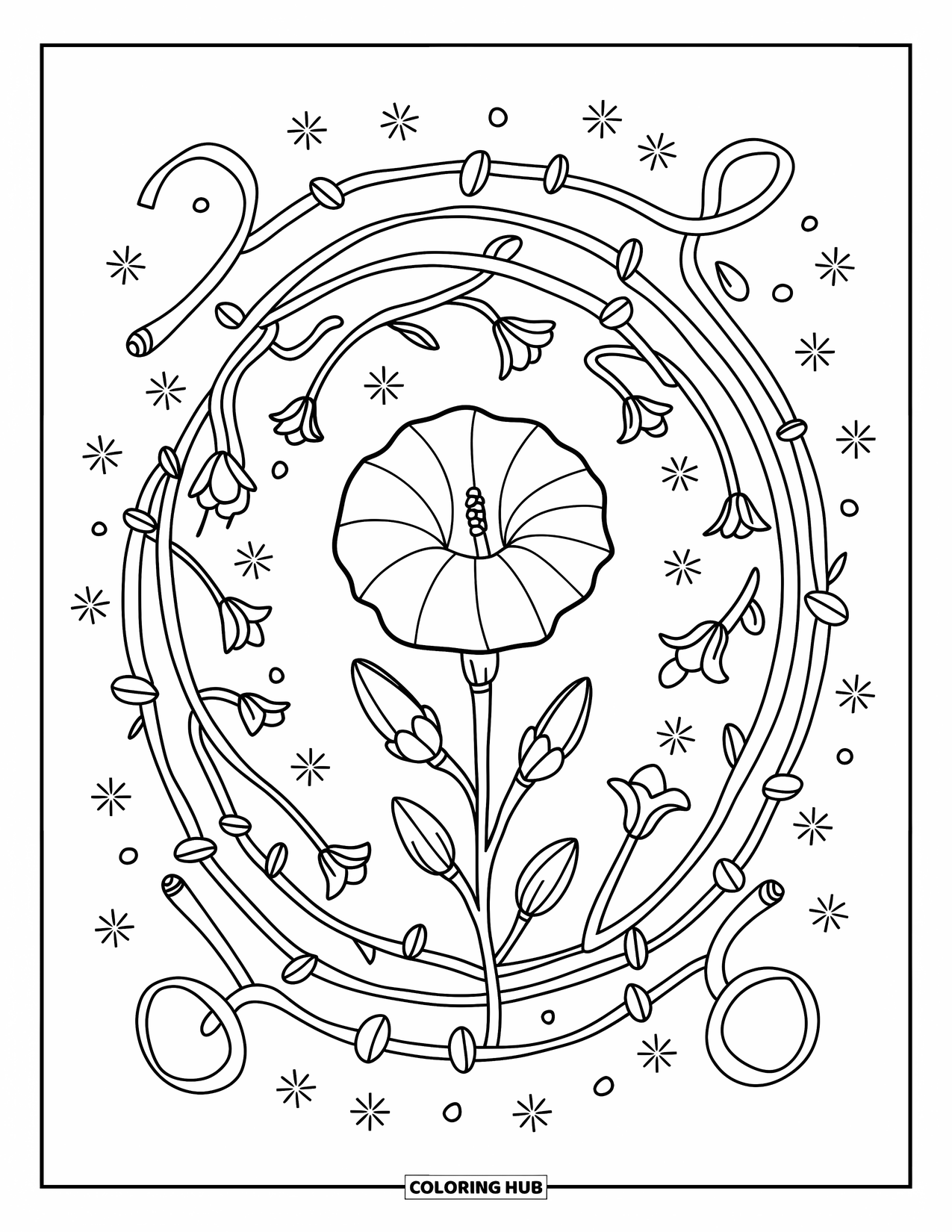 Mandala Coloring Page for Adults: Trumpet blooms and curled vines surround a morning glory in the center