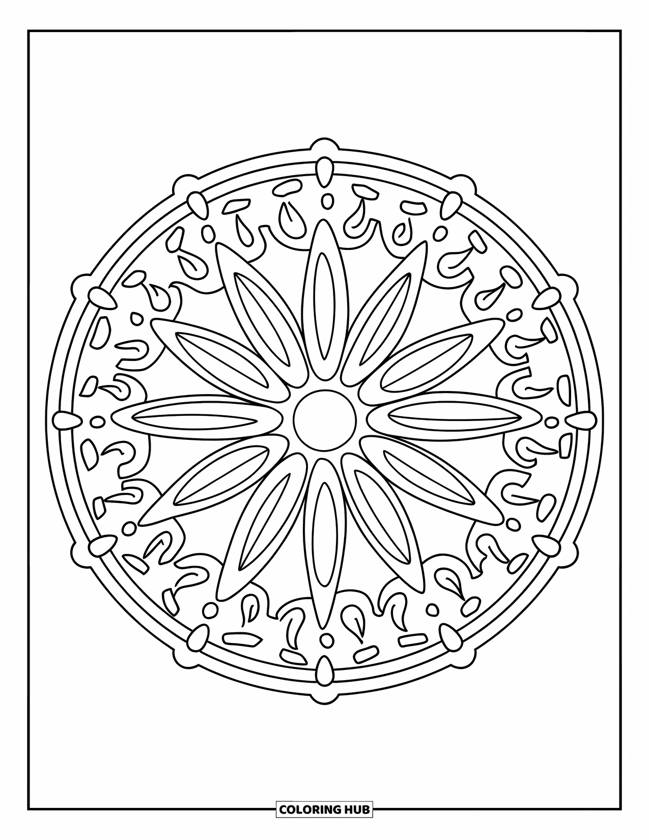 Mandala Coloring Page for Adults: Wheel-inspired mandala with miniature shapes and flourishes
