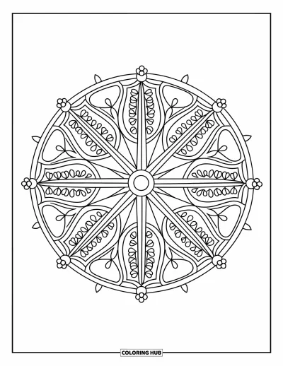 Dibujo de mandalas para colorear para adultos: Mandala estilo rueda con divisiones radiales y pequeños adornos