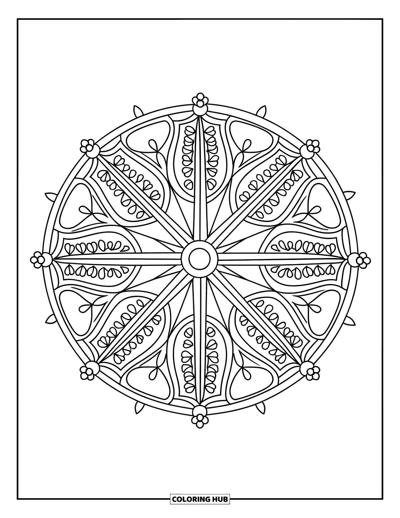 Mandala Coloring Page for Adults: Wheel-style mandala with spoked divisions and mini flourishes