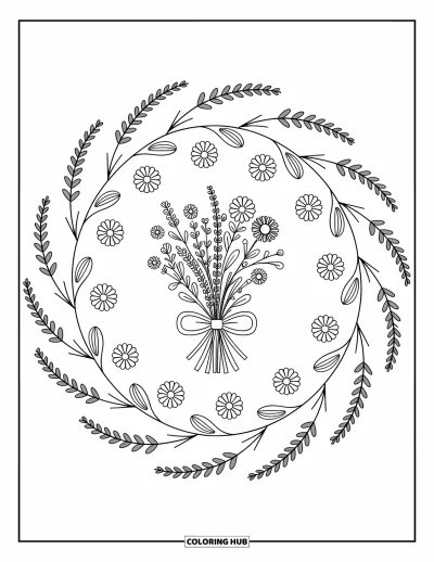 Dibujo de mandalas para colorear para adultos: Ramo de flores silvestres con paniculata y cápsulas de semillas en suaves capas circulares
