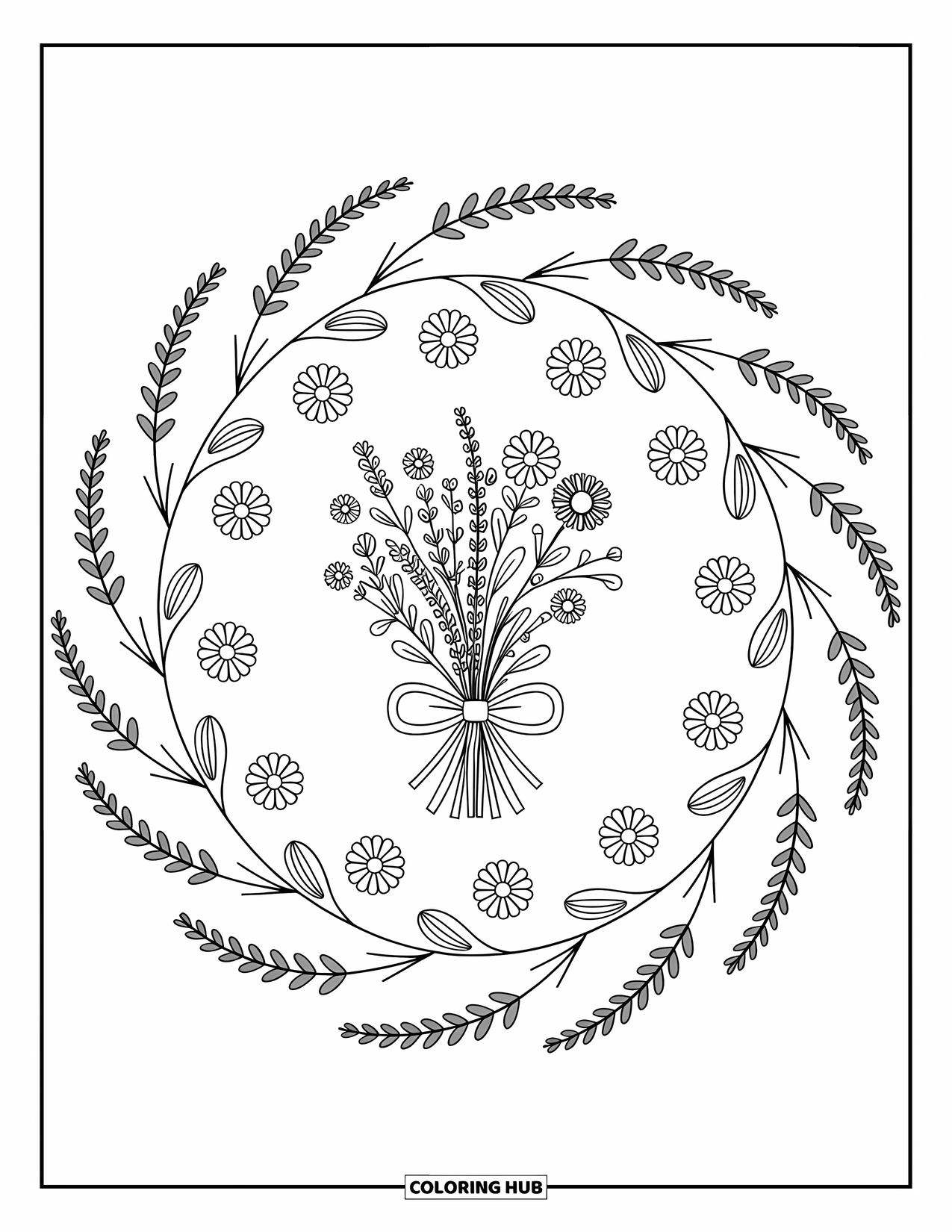 Mandala Coloring Page for Adults: Wildflower bunch with baby's breath and seed pods arranged in soft circular layers