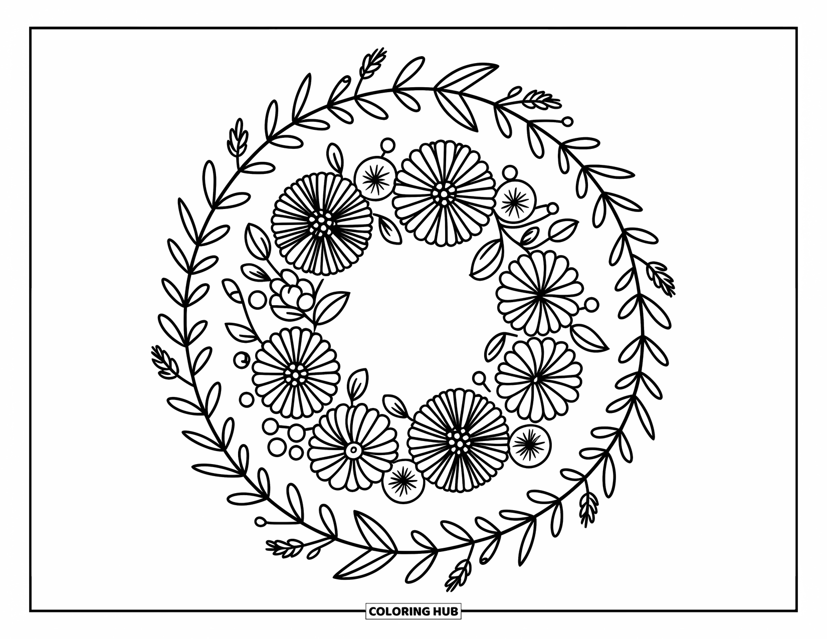 Mandala Coloring Page for Adults: Wreath of pansies, berries, and ribbon curls in a cheerful circle
