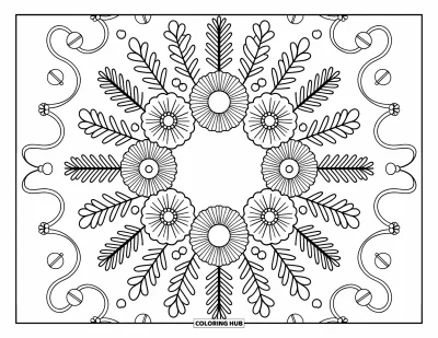 Dibujo de mandalas para colorear para adultos: Corona con flores variadas, bayas y cintas onduladas en una composición encantadora