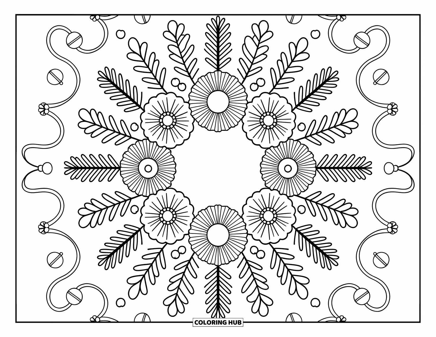 Mandala Coloring Page for Adults: Wreath with mixed blooms, berries, and curling ribbons in a cute layout