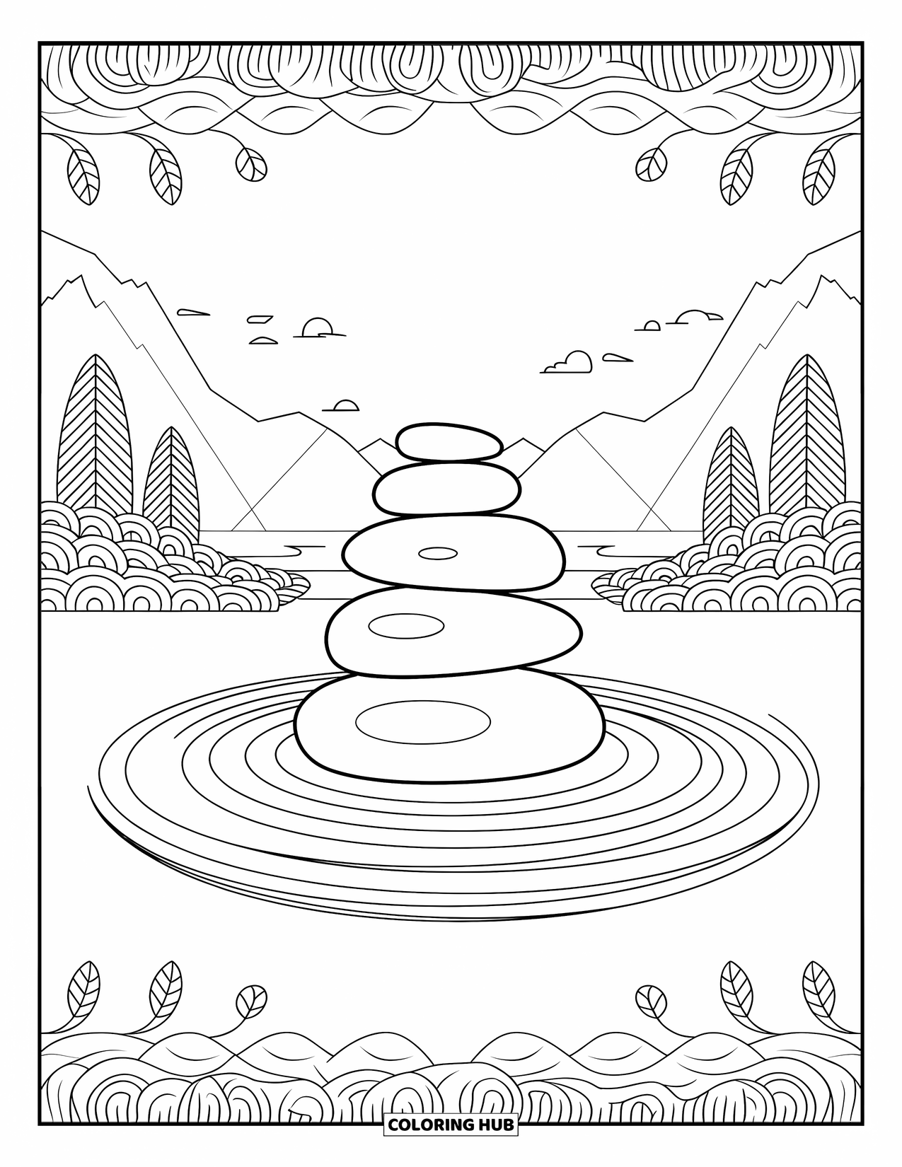 Mandala Coloring Page for Adults: Zen rock mandala with a peaceful scene of mountains and water