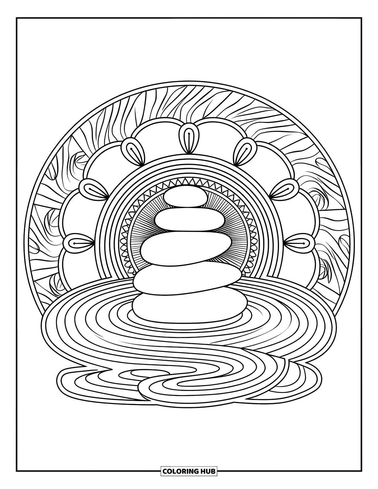 Mandala Coloring Page for Adults: Zen rock stack with ripple lines and swirling mandala shapes