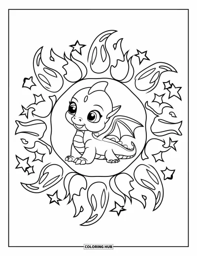Dibujo de mandalas para colorear para niños: Dragón bebé en el centro con espirales de fuego y alas formando un mandala