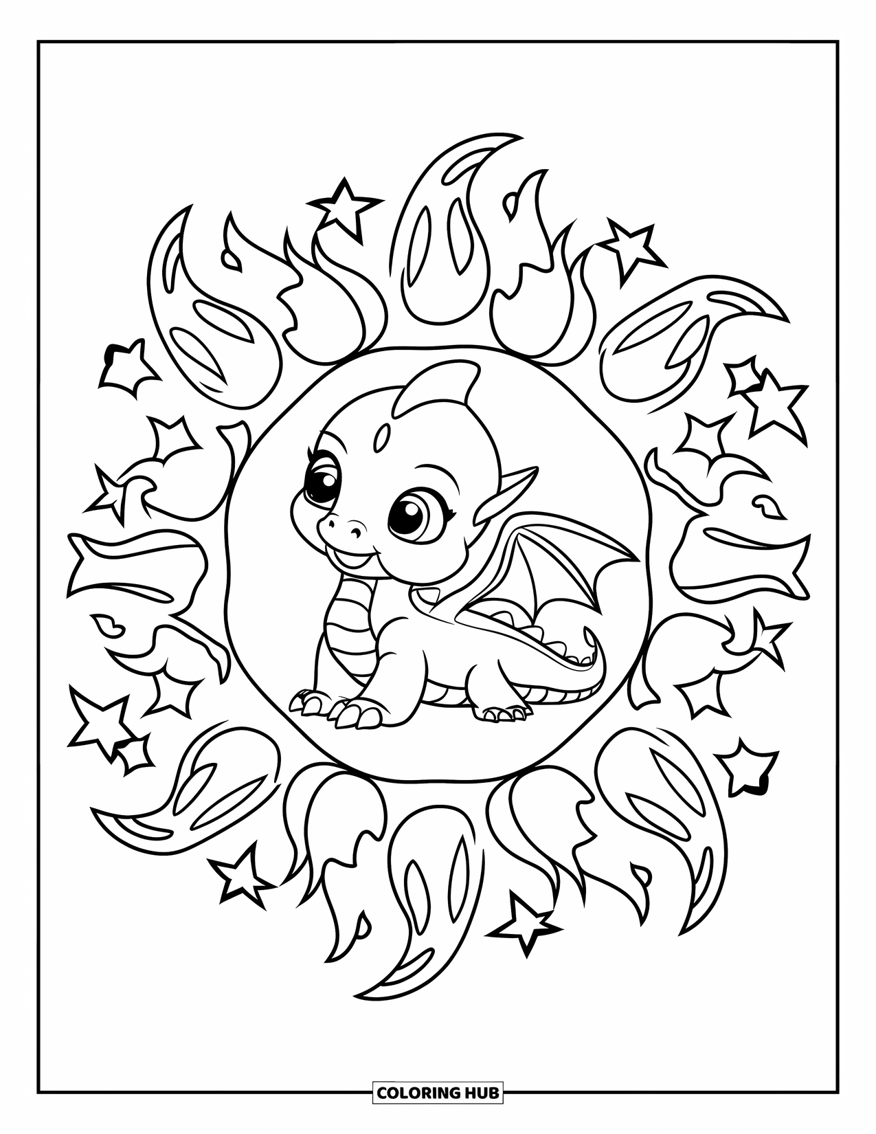 Mandala Coloring Page for Kids: Baby dragon in the center with fire swirls and wings forming a mandala