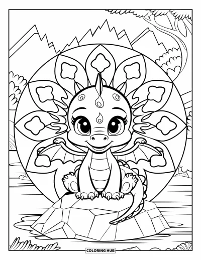 Dibujo de mandalas para colorear para niños: Dragón bebé sobre una roca con formas de fuego y estrellas alrededor