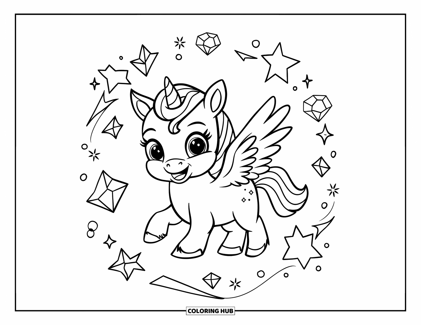 Mandala Coloring Page for Kids: Baby unicorn with wings and swirls, stars, and diamonds floating around