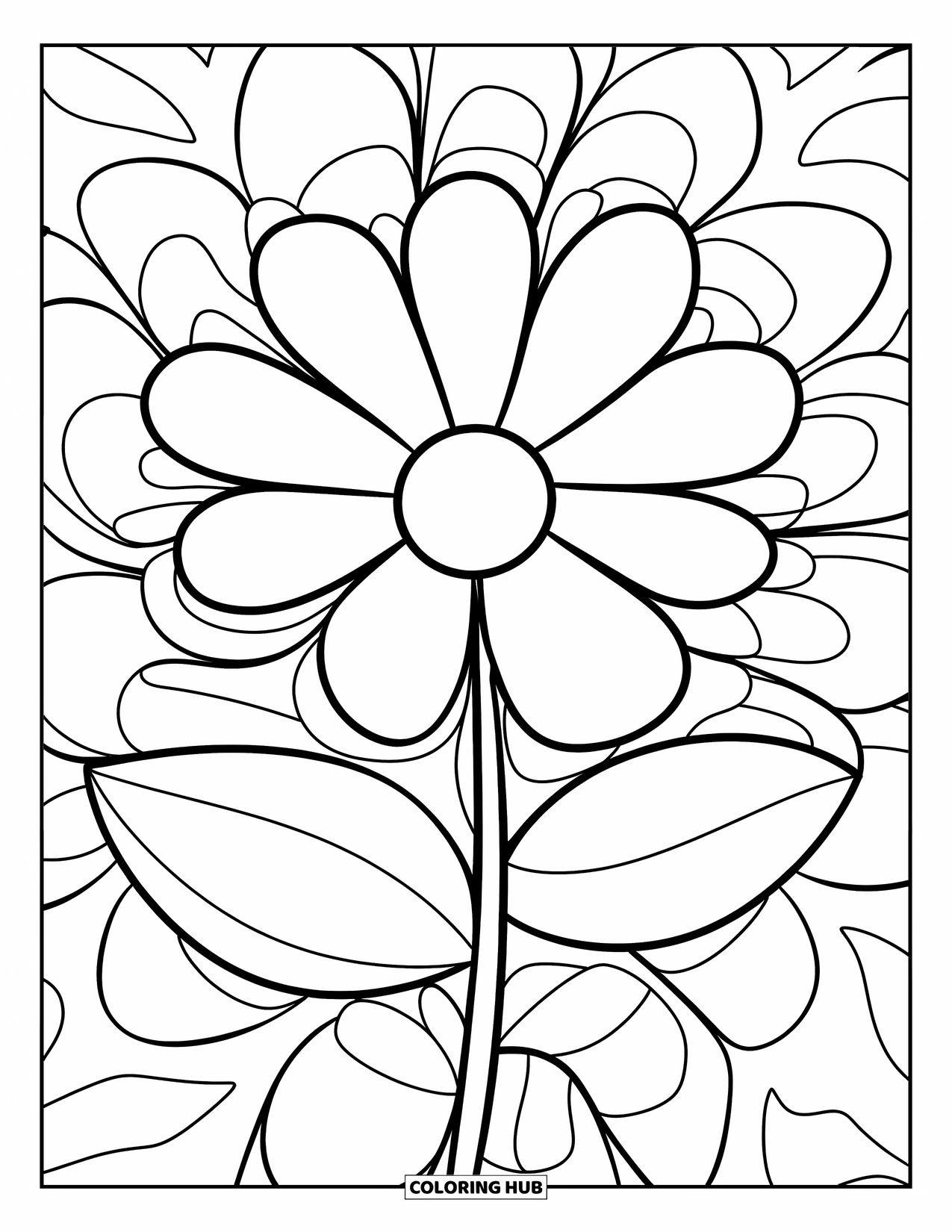 Mandala Coloring Page for Kids: Big flower surrounded by easy-to-color leaves in a cheerful mandala
