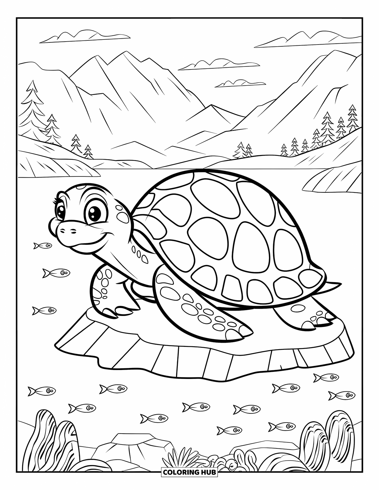 Mandala Coloring Page for Kids: Big turtle on a rock with fish swimming in a peaceful water scene