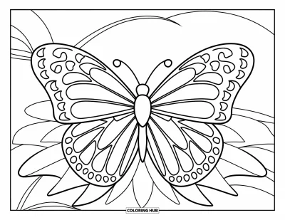 Dibujo de mandalas para colorear para niños: Mariposa de alas grandes sobre una hoja con pétalos que forman un mandala alegre