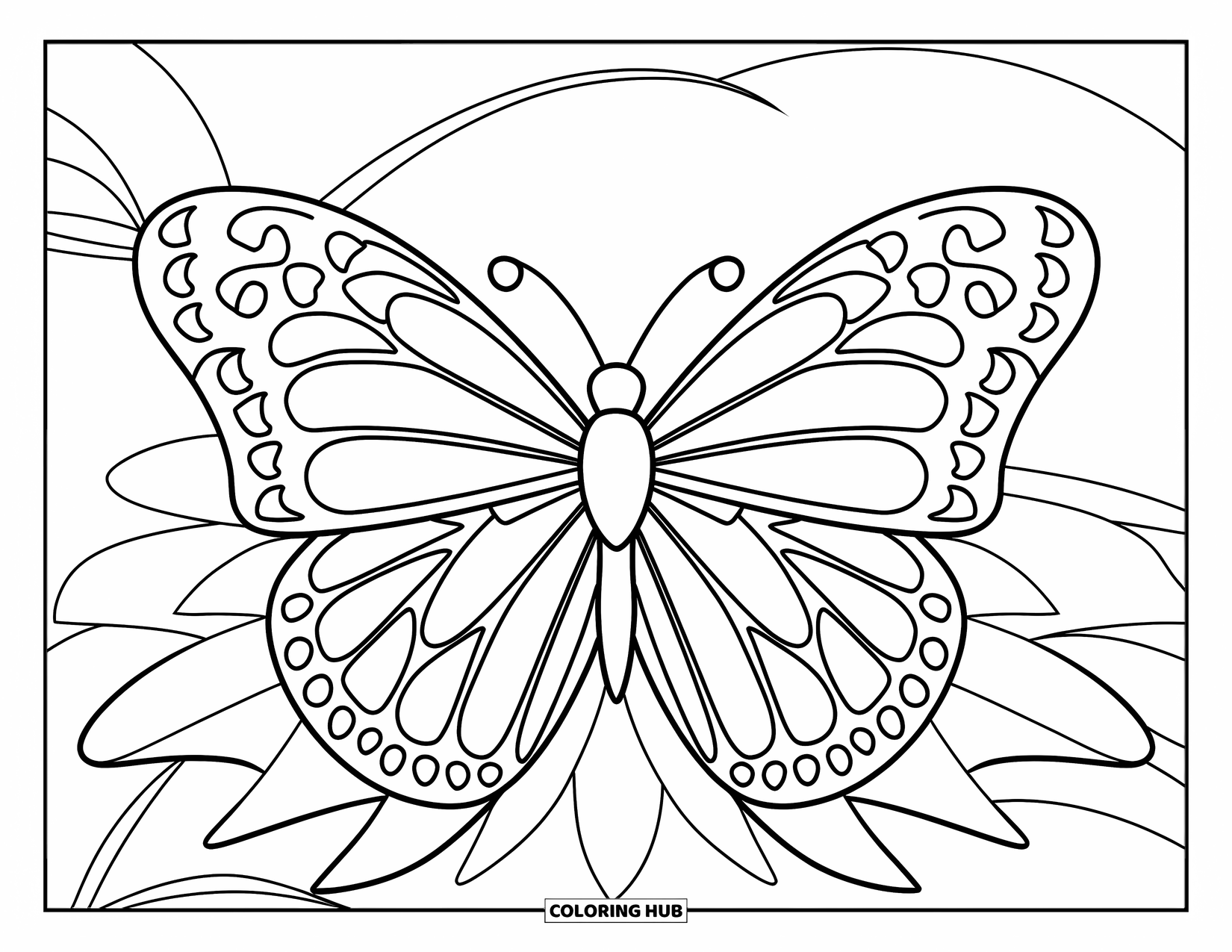 Mandala Coloring Page for Kids: Big-winged butterfly on a leaf with petals forming a playful mandala