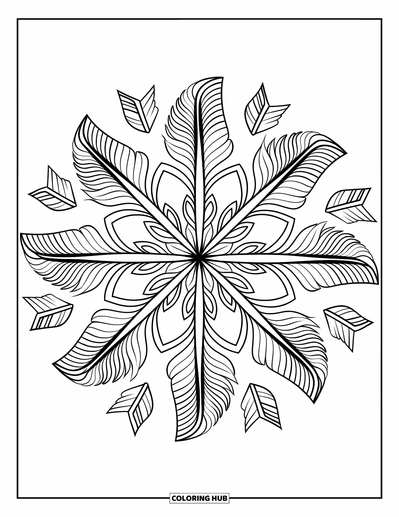 Mandala Coloring Page for Kids: Boho mandala made from arrows, feathers, and natural patterns with fun flow
