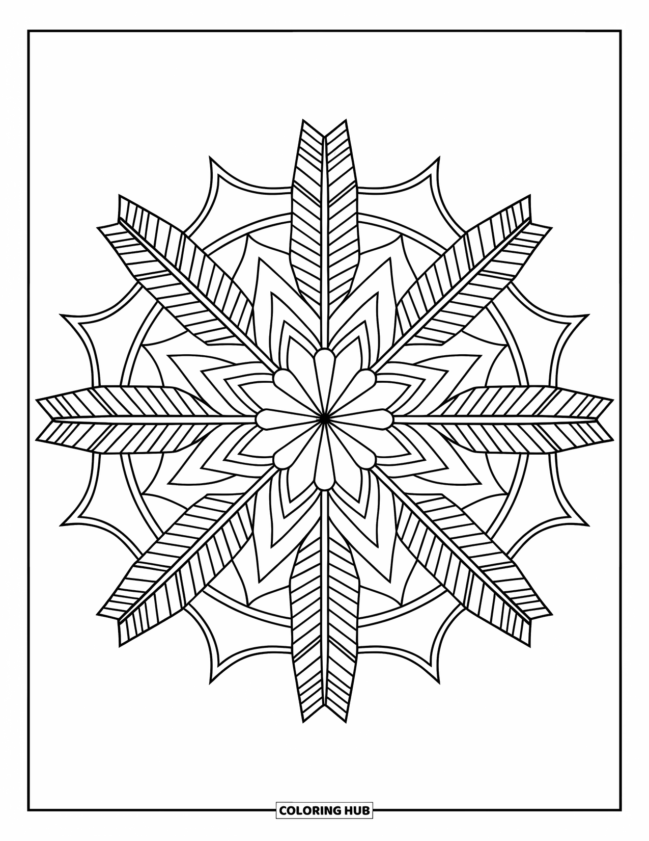 Mandala Coloring Page for Kids: Boho mandala with feathered arrows, leaves, and geometric shapes