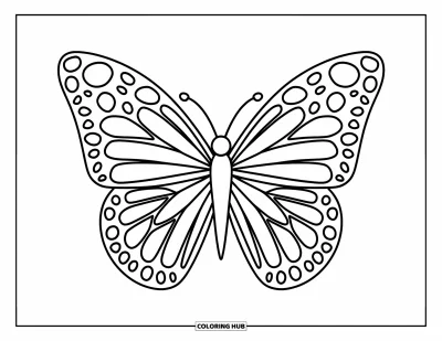 Dibujo de mandalas para colorear para niños: Mariposa de alas grandes y pétalos que forman un divertido mandala exterior