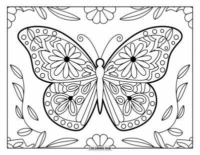 Dibujo de mandalas para colorear para niños: Mariposa con alas de flores y enredaderas curvadas en un dulce diseño simétrico