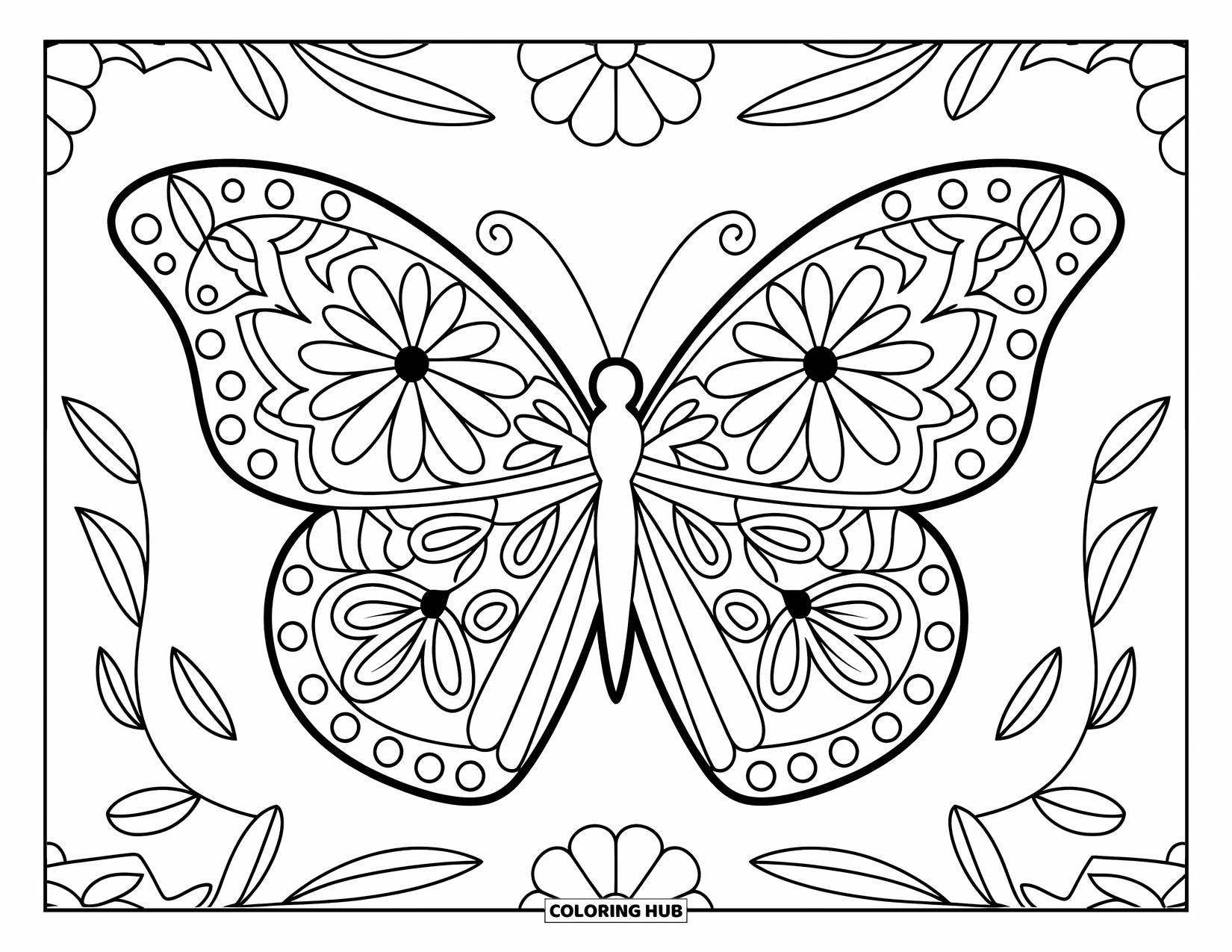 Mandala Coloring Page for Kids: Butterfly with flower wings and curling vines in a sweet symmetrical design