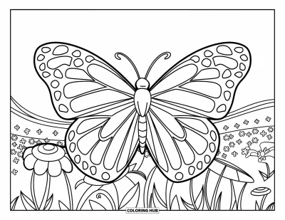 Dibujo de mandalas para colorear para niños: Mariposa con alas de pétalos descansando en un campo luminoso y florido