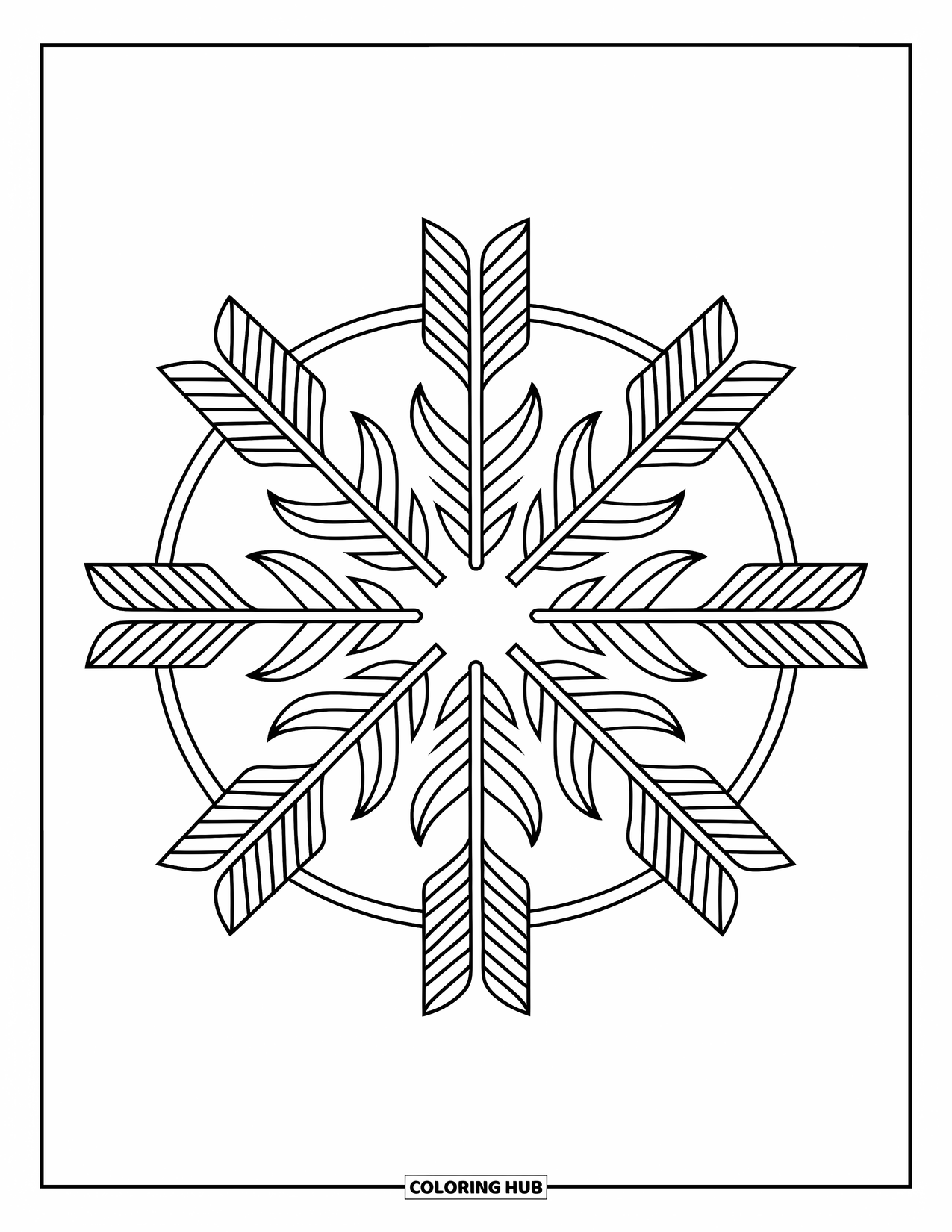 Mandala Coloring Page for Kids: Circular mandala with feathered arrows and flowing boho-inspired lines