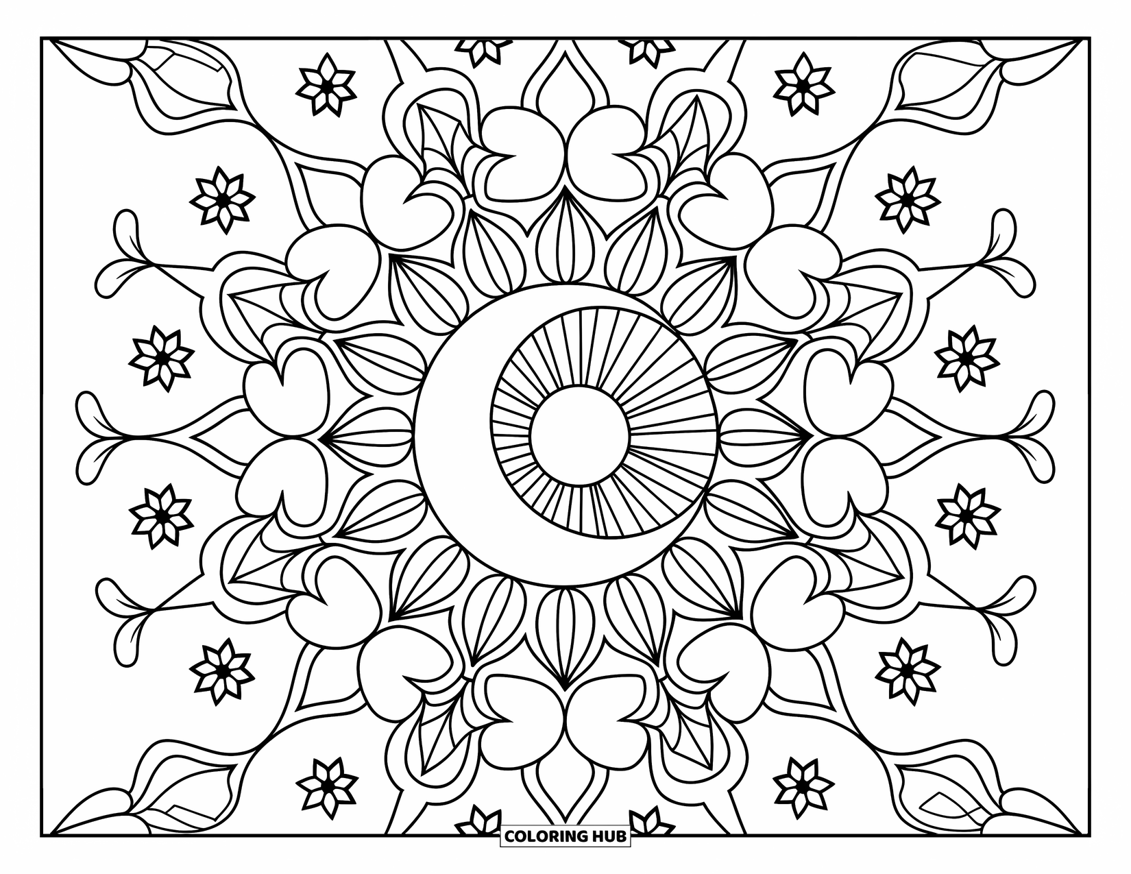 Mandala Coloring Page for Kids: Crescent moon in the center with flowers and leaves forming a pretty mandala