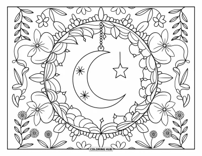 Dibujo de mandalas para colorear para niños: Luna creciente con una estrella y un fondo lleno de flores y hojas