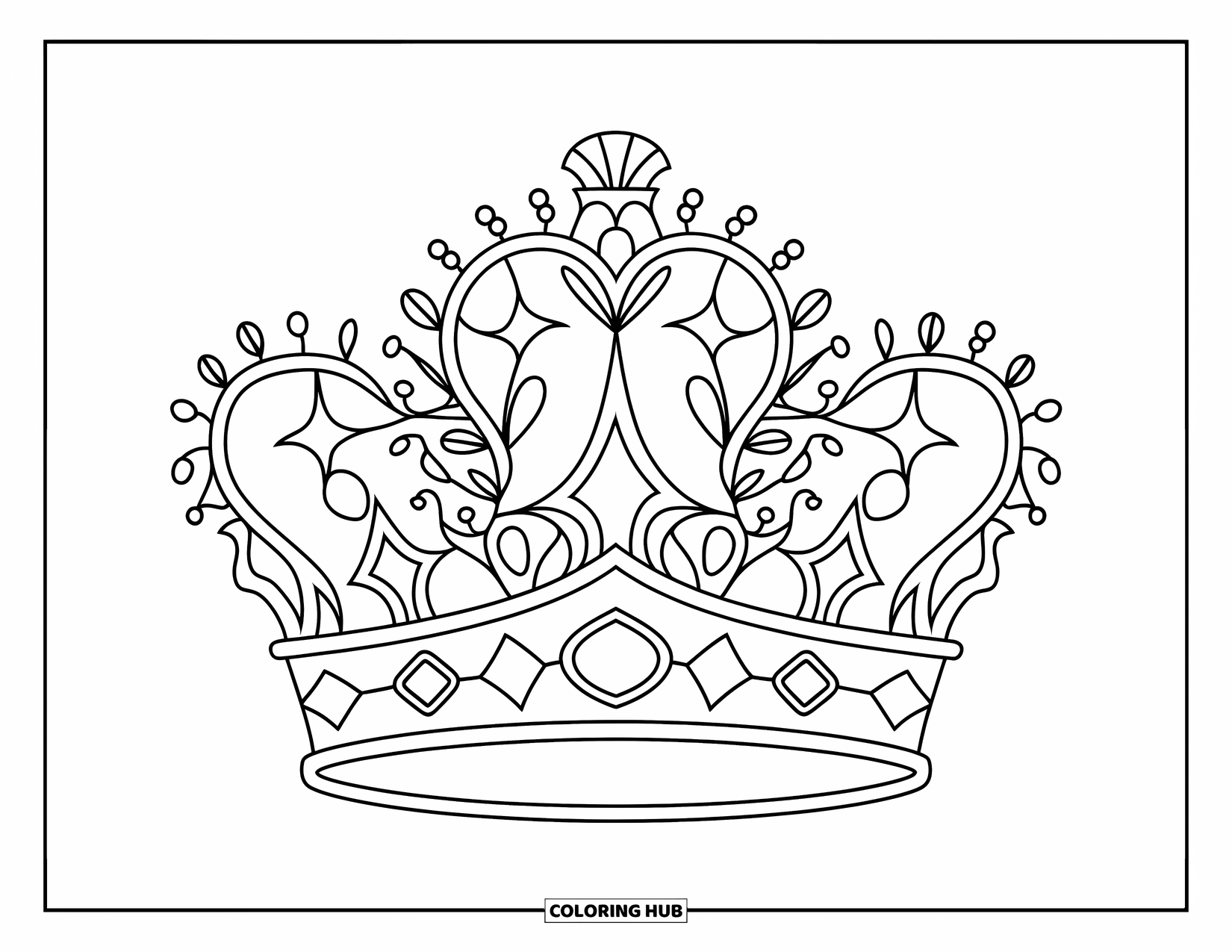 Mandala Coloring Page for Kids: Crown surrounded by flowers, stars, and gems in a lovely circular design