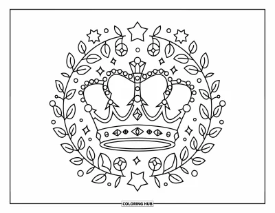 Dibujo de mandalas para colorear para niños: Corona envuelta en enredaderas florales, estrellas y gemas faltantes en un diseño redondo