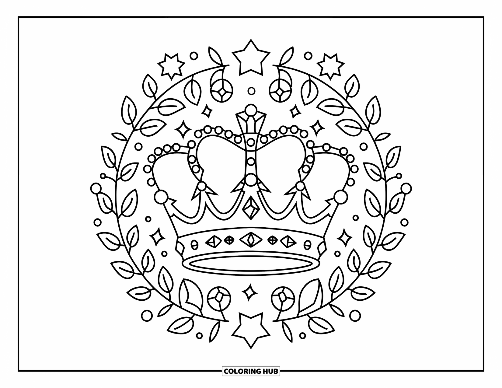 Mandala Coloring Page for Kids: Crown with floral vines, stars, and missing gems in a pretty round layout
