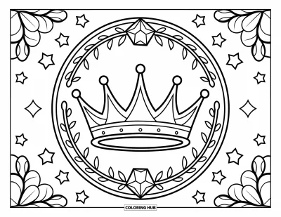 Dibujo de mandalas para colorear para niños: Corona con flores, estrellas y gemas brillantes en un patrón circular