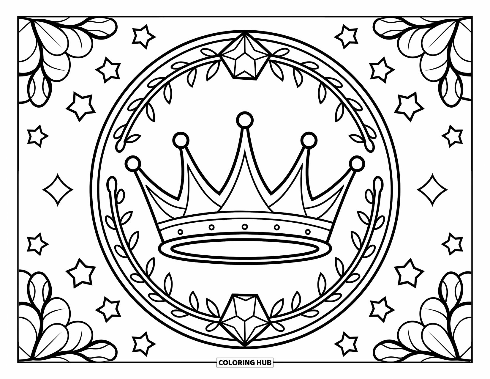 Mandala Coloring Page for Kids: Crown with flowers, stars, and shiny gem shapes in a circular pattern