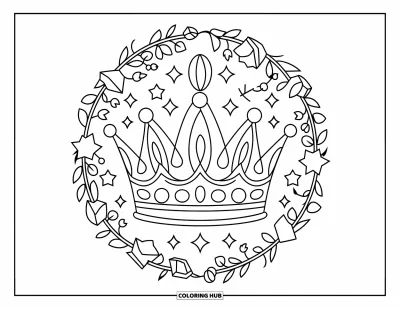 Dibujo de mandalas para colorear para niños: Corona rodeada de enredaderas con flores, estrellas y gemas por todas partes