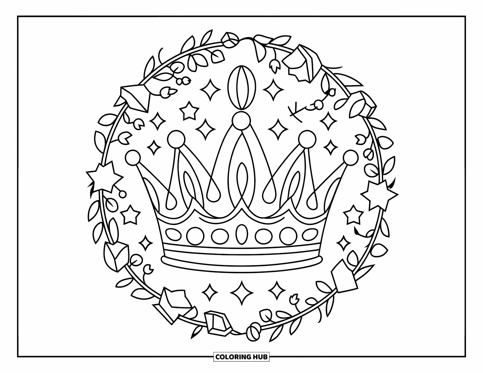 Mandala Coloring Page for Kids: Crown wrapped in vines with flowers, stars, and gems all around it