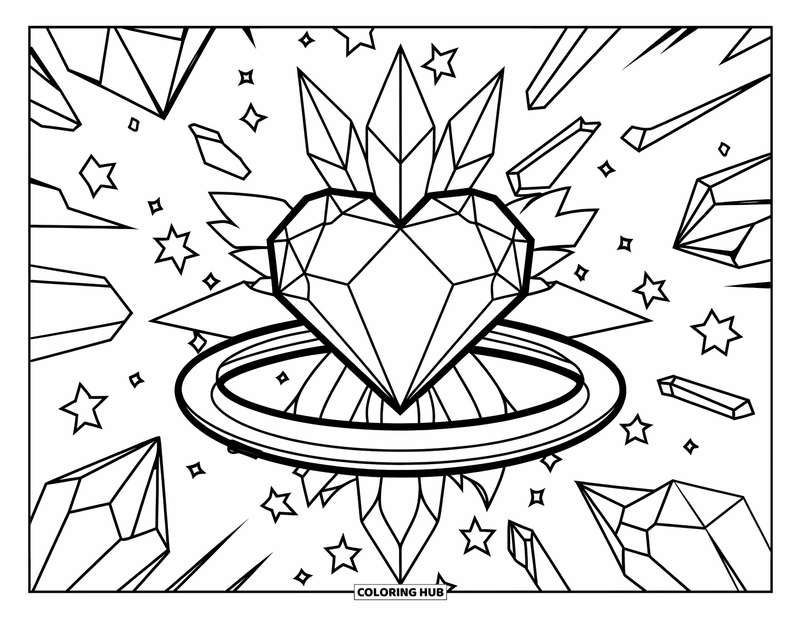 Mandala Coloring Page for Kids: Crystal heart surrounded by gem shards, stars, and soft petals in a ring