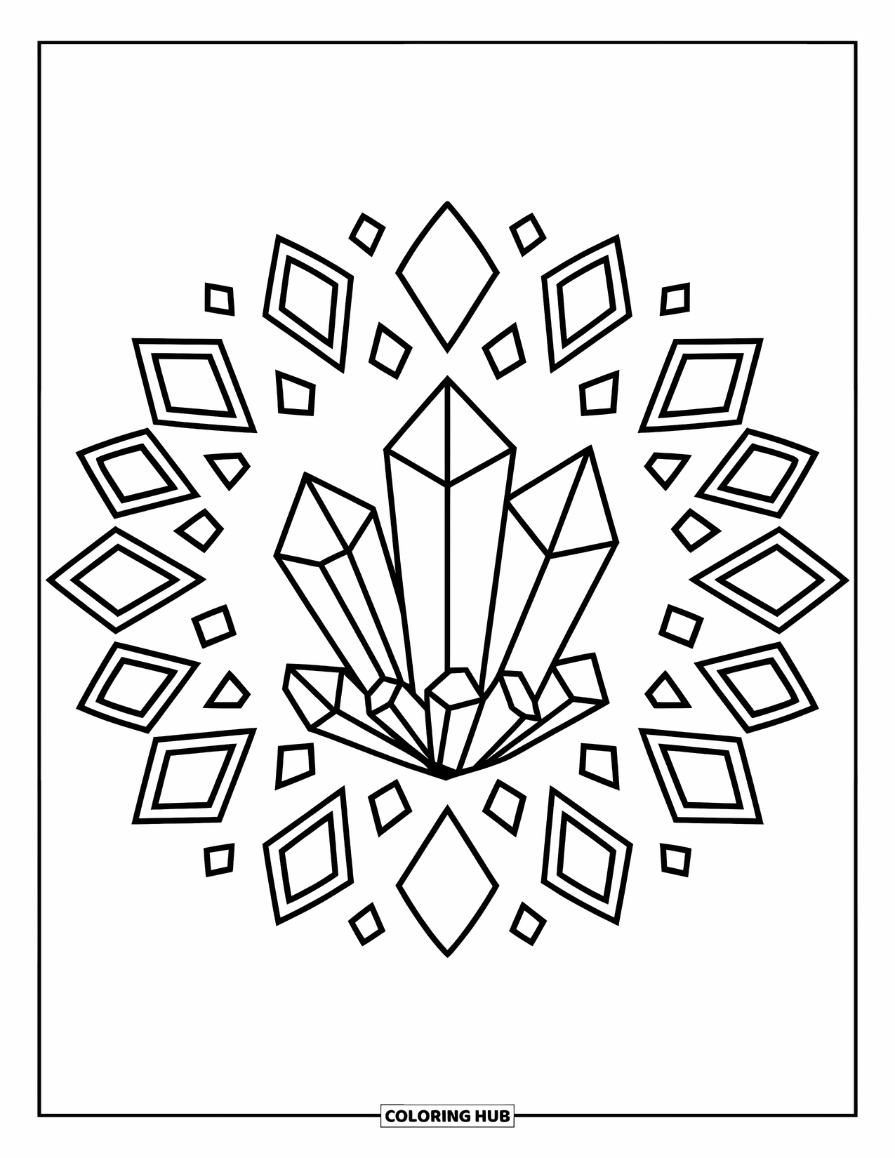 Mandala Coloring Page for Kids: Crystal in the center with gems, triangles, and sparkles around it